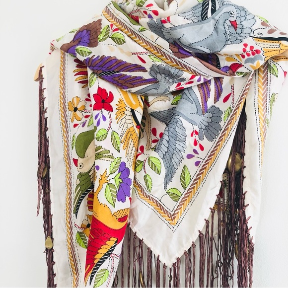 Anthropologie Accessories - [Anthro] Feathers by Tolani Fringed + Brass Chakra Square Bird Floral Silk Scarf